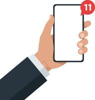 Hand holding smartphone with notification alert in flat digital design illustration vector