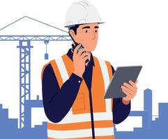 Construction worker in safety gear using tablet while on site, flat illustration vector