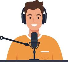 Young man with headphones smiling at microphone in minimal flat illustration vector