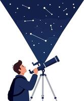 Enthusiastic stargazer observing constellations through a telescope in a minimal illustration vector