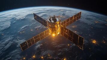 A satellite orbits Earth, equipped with solar panels collecting energy. It transmits telemetry signals to support GPS and GNSS operations, ensuring accurate positioning for various applications. photo