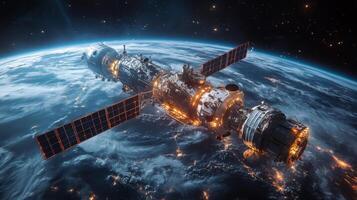 A spacecraft orbits Earth, equipped with solar panels and advanced technology. photo