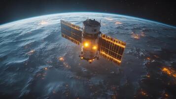 A spacecraft orbits Earth, relaying telemetry and positioning signals while the planet glows with scattered city lights. Its solar panels capture energy in the darkening atmosphere. photo