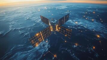 A satellite orbits Earth, transmitting vital telemetry signals for GPS and GNSS applications. It serves as a key component for global positioning and tracking technologies. photo