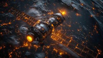 A spacecraft equipped with transponders operates in geostationary orbit. It facilitates broadband communication and transmits telemetry data, navigating Earth's low orbit with precision. photo