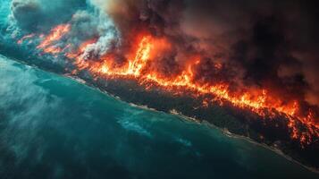 Aerial view reveals a vast wildfire consuming land along the coast. Intense flames rise above dark smoke, indicating rapid spread and urgent monitoring from satellite systems. photo
