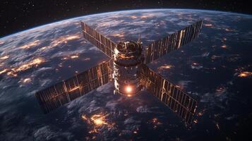 A sophisticated satellite hovers above Earth in low Earth orbit, equipped with solar panels for energy. photo