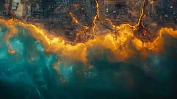 Vibrant colors reveal the coastal area's dynamics, showcasing the shoreline's intricate patterns and interactions with surrounding water. Advanced satellite technology monitors this environment. photo