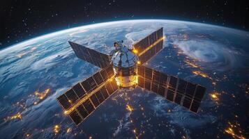 A sophisticated satellite orbits Earth, collecting telemetry and imagery for geospatial analysis and surveillance. Advanced AI processes data to enhance monitoring capabilities. photo