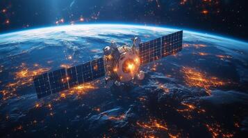 A sophisticated satellite orbits Earth, actively transmitting GNSS signals for accurate positioning and tracking. The illuminated surface below highlights urban areas, showcasing technology's reach. photo