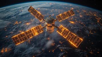 A satellite orbits Earth, utilizing its solar panels to harness energy. It transmits telemetry and GPS signals, supporting global positioning activities during dusk. photo