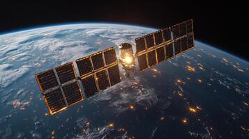 A satellite is positioned in geostationary orbit, utilizing solar panels to harness energy while transmitting data to Earth. The scene highlights the beauty of our planet below. photo