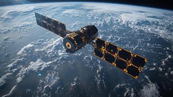 The satellite orbits Earth, equipped with solar panels, transmitting telemetry and GPS data for navigation and positioning purposes. photo