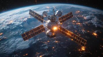 This satellite orbits Earth, utilizing solar panels to harness energy. It transmits GPS and telemetry signals while enabling precise global positioning and tracking across various applications. photo