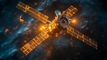 The satellite orbits Earth, deploying solar panels while managing communication through transponders. It actively relays signals for a constellation network, enhancing broadband services. photo