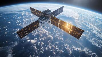This advanced satellite is performing telemetry operations as it orbits Earth, capturing real-time images for surveillance and analysis. photo