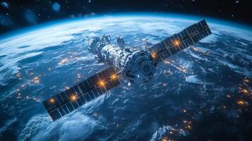 A satellite spacecraft orbits Earth, sending telemetry and GPS signals while illuminated by city lights below. The scene shows the vastness of space and its technological marvel. photo