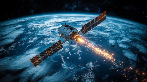 A satellite orbits Earth, actively transmitting signals for telemetry and positioning. It utilizes advanced technology for real-time tracking and GPS functionality in the vast expanse of space. photo