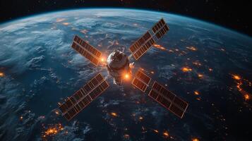 A satellite is positioned in low Earth orbit, equipped with multiple solar panels, transmitting crucial telemetry data while providing broadband connectivity to various regions. photo