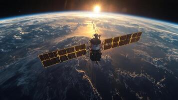 A satellite orbits Earth, transmitting telemetry data and signals while its solar panels reflect sunlight during dawn. The planet's surface reveals clouds and oceans below. photo