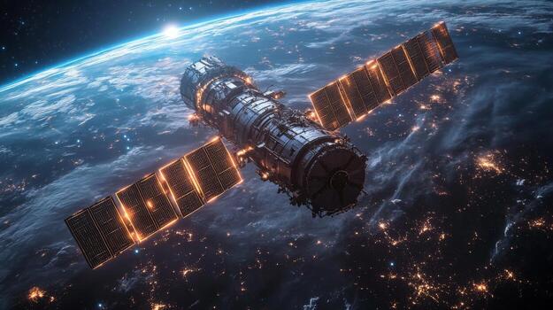 An advanced spacecraft is positioned in low Earth orbit, collecting and transmitting data. It utilizes its solar panels for power and supports broadband communication systems. photo