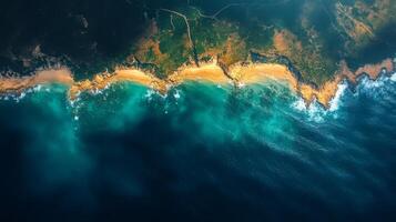 Satellite technology captures the intricate details of coastlines where land meets sea, illustrating the dynamic relationship between terrain and water movement, enhanced by geospatial analysis. photo