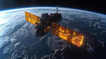 A satellite orbits Earth, showcasing its solar panels illuminated by sunlight. It plays a crucial role in transmitting telemetry data for global positioning systems and tracking. photo