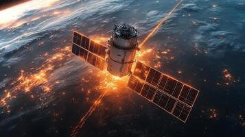 A spacecraft equipped with solar panels transmits crucial positioning signals while orbiting Earth during twilight. The planet's illuminated surfaces highlight urban areas below. photo