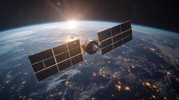 A satellite equipped with solar panels orbits Earth while transmitting telemetry data, contributing to global navigation systems and signal tracking. The sun rises in the background. photo
