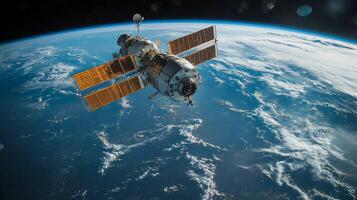 Orbiting spacecraft utilizes satellite technology to transmit telemetry data from Earth's surface, enhancing global positioning and tracking systems through signals. photo