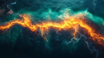 A mesmerizing display of color unfolds as bright orange hues contrast with deep blue waters, highlighting a unique marine occurrence detected from space. photo