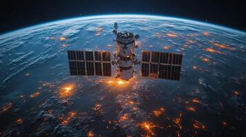 In low Earth orbit, a spacecraft equipped with solar panels monitors global signals, providing vital telemetry for navigation and tracking systems while illuminating Earth's surface. photo