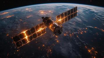 A spacecraft orbits Earth, equipped with solar panels and communication systems, facilitating data transmission and enhancing global connectivity from low Earth orbit. photo