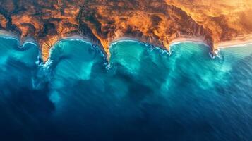 High-resolution satellite captures a breathtaking view of a coastal area, featuring dynamic ocean waves and rocky cliffs under bright sunlight, reflecting diverse colors in the water. photo