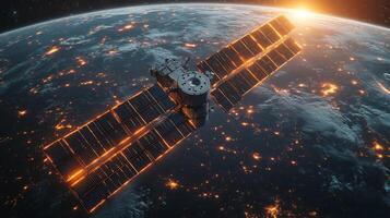 A satellite orbits the Earth at low altitude, engaged in data transmission activities as the sun rises, casting warm light over urban areas and natural landscapes below. photo