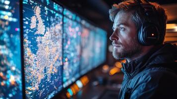 A technician in a control room analyzes real-time telemetry and positioning data displayed on multiple screens. The environment is equipped for satellite communication and tracking. photo