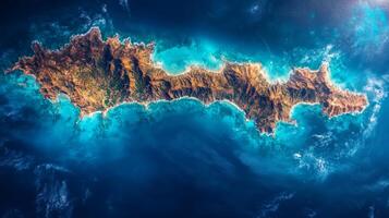 A detailed satellite view reveals a remote island's topography, surrounded by vibrant blue waters and lush greenery. The image captures the coastline's contrast with the ocean depths. photo