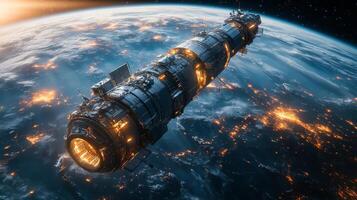 A sophisticated spacecraft orbits Earth, equipped with transponders and AI technology. It emits signals while the blue planet glows beneath, showcasing urban areas at night. photo