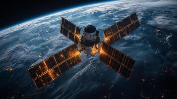 A satellite orbits Earth, transmitting signals for global positioning and telemetry. Its solar panels capture sunlight while cities glow below in the dark. photo