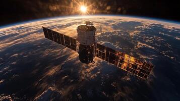 A spacecraft orbits Earth, transmitting data as the sun rises on the horizon, illuminating its solar panels and the planet below. The moment signifies advanced positioning capabilities. photo