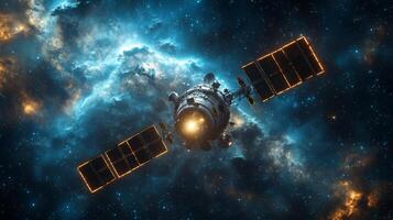 A highly sophisticated satellite orbits in space, equipped with solar panels and advanced communication systems. It transmits critical telemetry data while maintaining geostationary orbit. photo