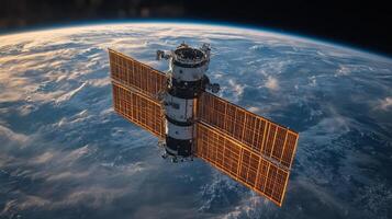 This advanced satellite operates in a geostationary orbit, transmitting telemetry data and enabling broadband communication services across low Earth orbit. Sunlight reflects off its solar panels. photo
