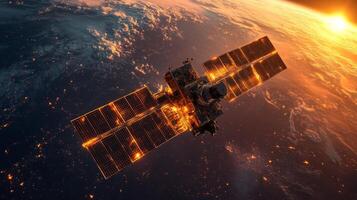 A satellite orbits Earth, illuminated by sunlight with solar arrays spread wide. photo