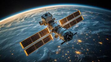 A detailed view of a satellite in orbit around Earth, showcasing solar panels and active instrumentation. This spacecraft transmits telemetry and GPS signals for precise positioning. photo