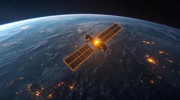A satellite orbits Earth, equipped with solar panels and transmitting telemetry signals crucial for GPS and GNSS applications, enhancing global positioning and tracking accuracy. photo