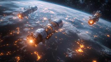 Three spacecraft are operating in Earths orbit, utilizing advanced technology to transmit telemetry and GPS signals. These satellites enhance global positioning capabilities for various applications. photo