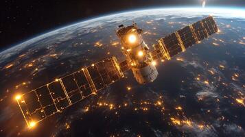 A sophisticated satellite orbits Earth, utilizing advanced technology to send and receive telemetry and positioning signals. It plays a vital role in global tracking and navigation systems. photo