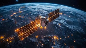 A spacecraft orbits Earth, equipped with solar panels and communication instruments. photo