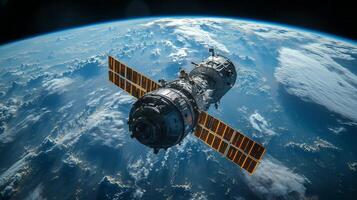 A spacecraft equipped with solar panels orbits Earth, facilitating communication and data transmission. It operates within a low Earth orbit, supporting broadband services and telemetry functions. photo