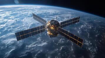 A satellite orbits Earth, equipped with solar panels, transmitting telemetry and positioning signals for global navigation and tracking applications. photo